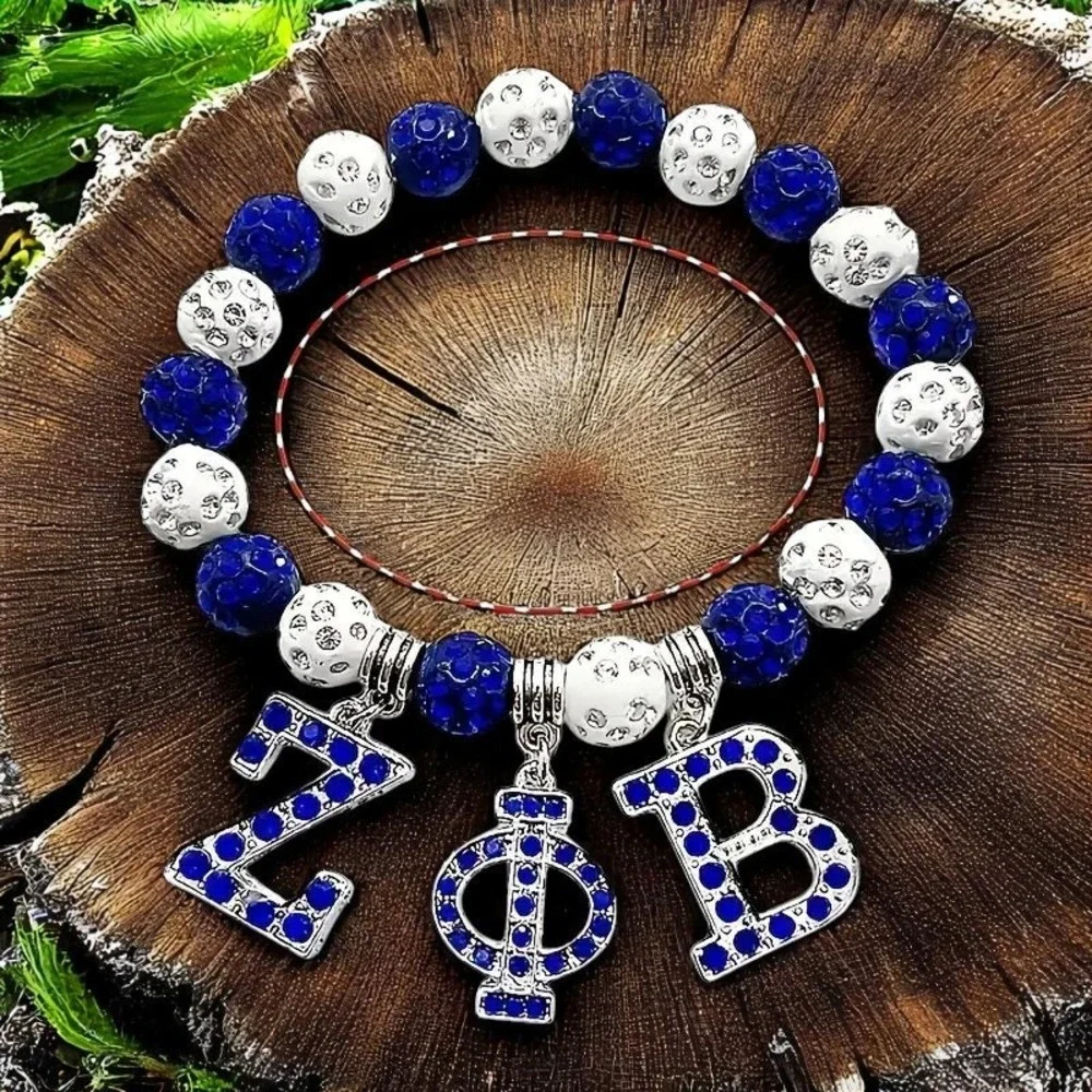 Zeta Phi Beta Bracelet Blue and White Beaded rhinestone‎ with Logo